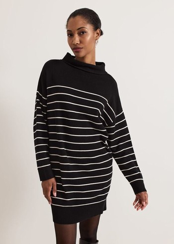 Phase Eight Skylar Stripe Funnel Neck Dress Black/White Canada | KQWSCU-942